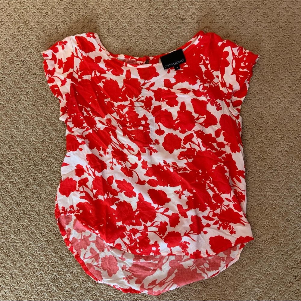 Red floral blouse
